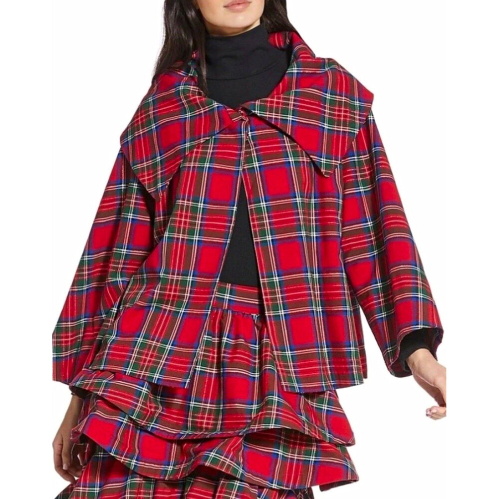BURU Cropped Grace Coat Red Plaid Cape Lined Tie Closure Bow Accent. Size S/M